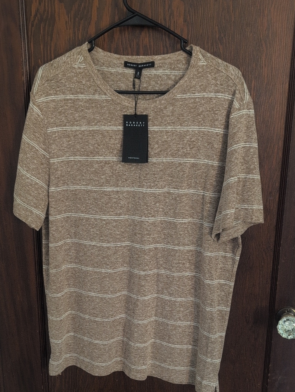 Robert Barakett Tan and White Striped Short Sleeve Crewneck Shirt